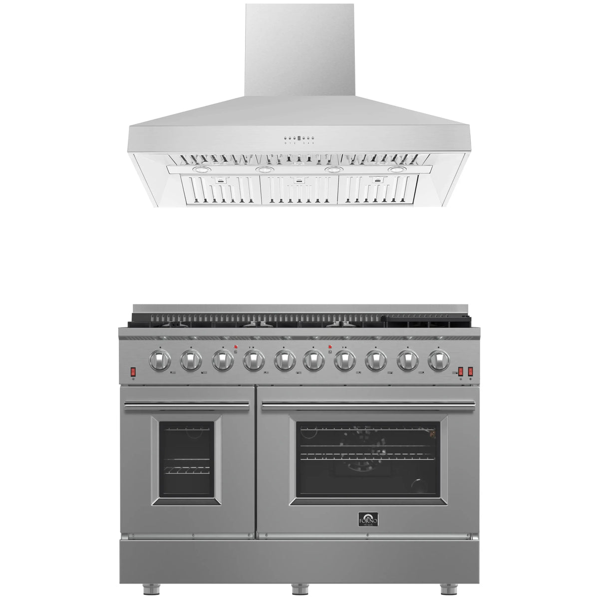 Forno 2-Piece Appliance Package - 48-Inch Gas Range & Wall Mount Hood in Stainless Steel