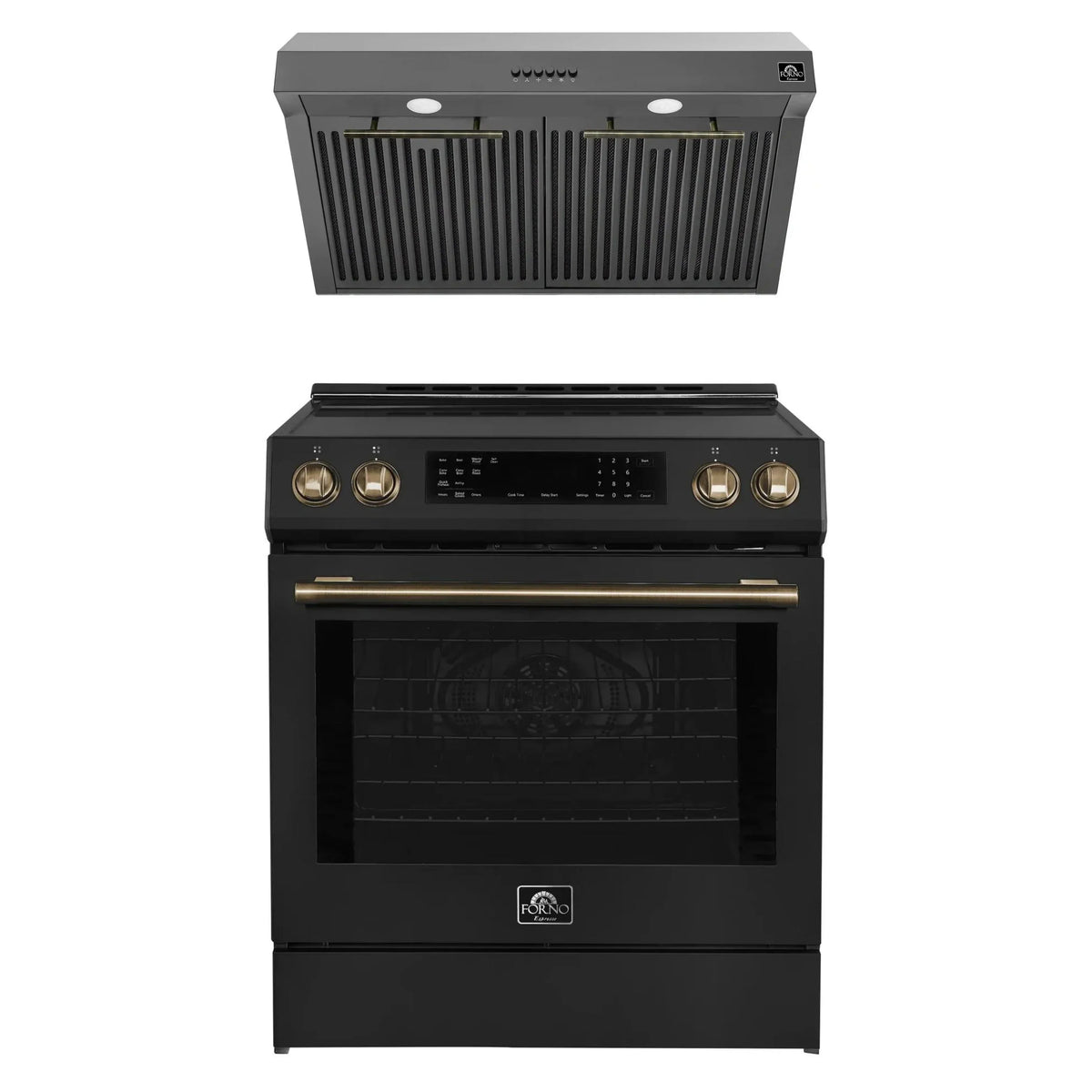 Forno Espresso 2-Piece Appliance Package - 30-Inch Induction Range and Under Cabinet Range Hood in Black with Antique Brass Trim