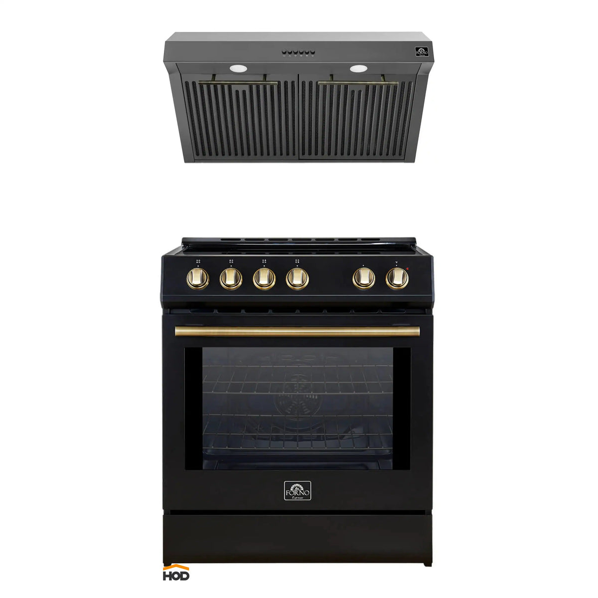 Forno 2-Piece Appliance Package - 30-Inch IInduction Range, and Under Cabinet Range Hood in Black with Antique Brass Trim