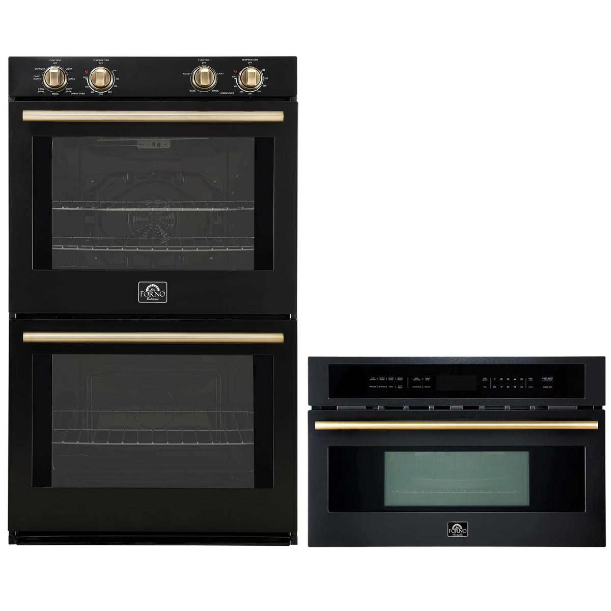Forno 2-Piece Appliance Package - 30-Inch Vomero Double Wall Oven & 30-Inch Microwave Oven in Black with Antique Brass Trim
