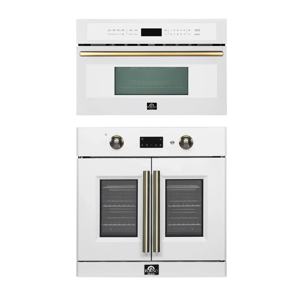 Forno 2-Piece Appliance Package - 30-Inch Asti French Door Electric Wall Oven & 30-Inch Microwave Oven in White with Antique Brass Trim
