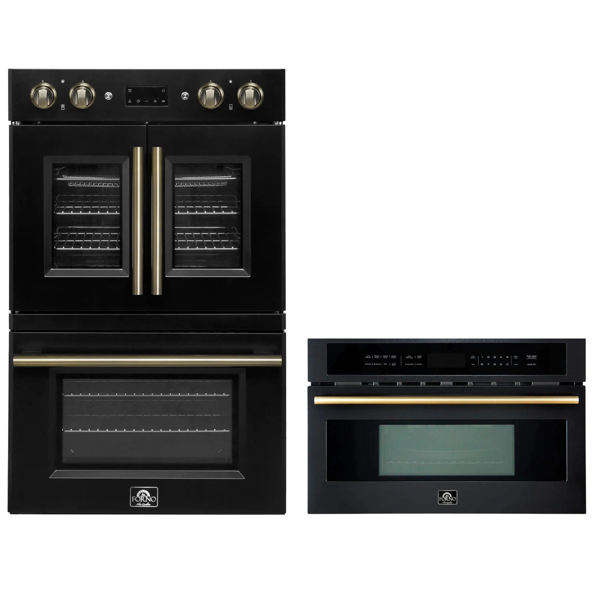 Forno 2-Piece Appliance Package - 30-Inch Asti French Door Double Electric Wall Oven & 30-Inch Microwave Oven in Black with Antique Brass Trim