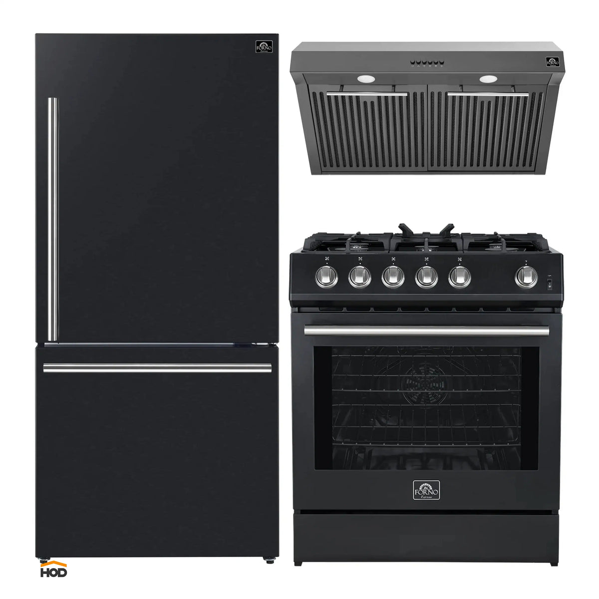 Forno 3-Piece Appliance Package - 30-Inch Gas Range, Under Cabinet Range Hood, & Refrigerator in Black with Stainless Steel Trim