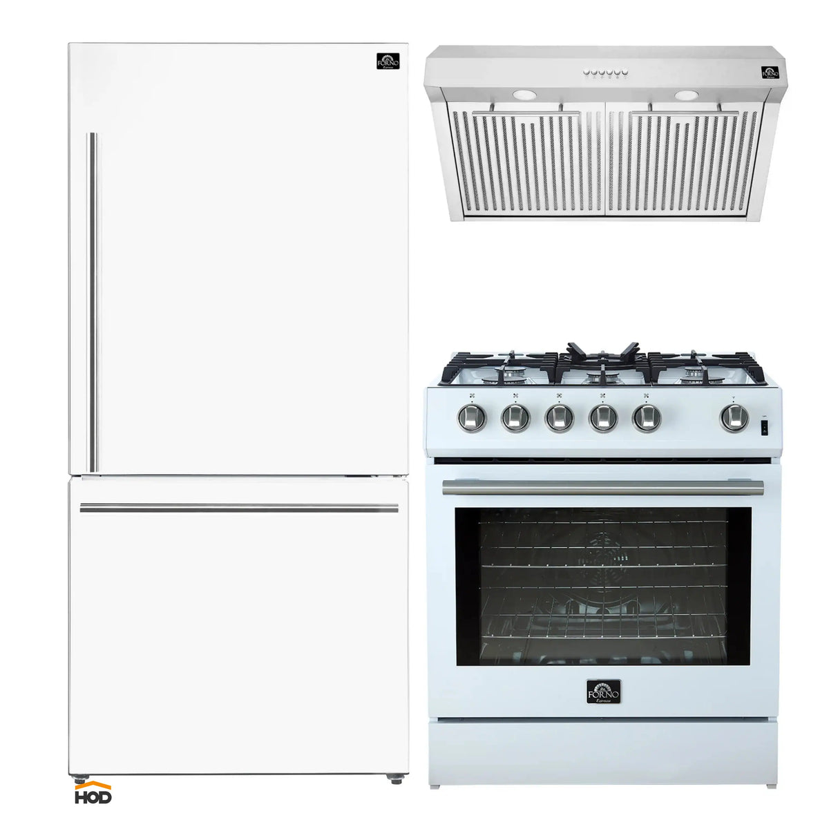 Forno 3-Piece Appliance Package - 30-Inch Gas Range, Under Cabinet Range Hood, & Refrigerator in White with Stainless Steel Trim