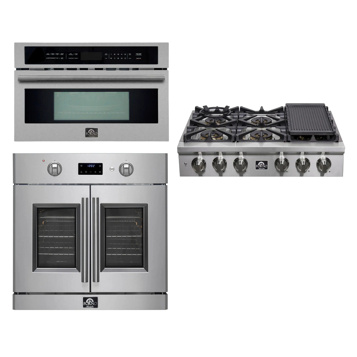 Forno 3-Piece Appliance Package - 36-Inch Spezia Gas Rangetop, French Door Wall Oven & Microwave Oven in Stainless Steel