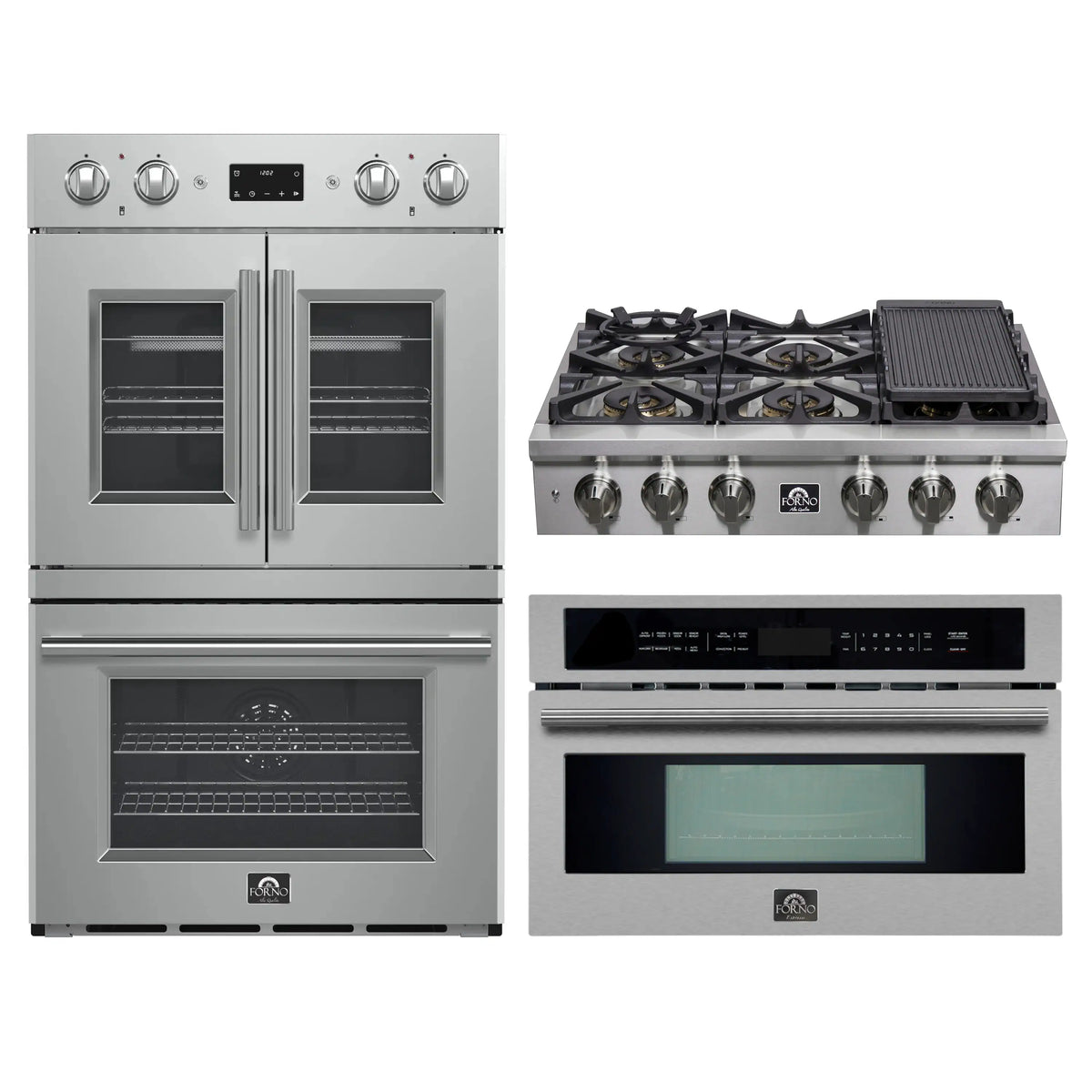 Forno 3-Piece Appliance Package - 36-Inch Spezia Gas Rangetop, French Door Double Wall Oven & Microwave Oven in Stainless Steel