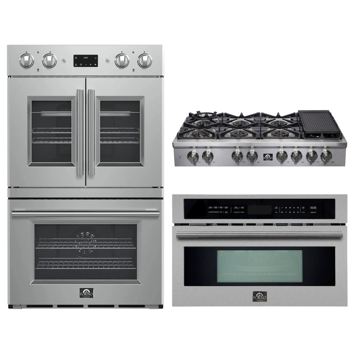 Forno 3-Piece Appliance Package - 48-Inch Spezia Gas Rangetop, French Door Double Wall Oven & Microwave Oven in Stainless Steel