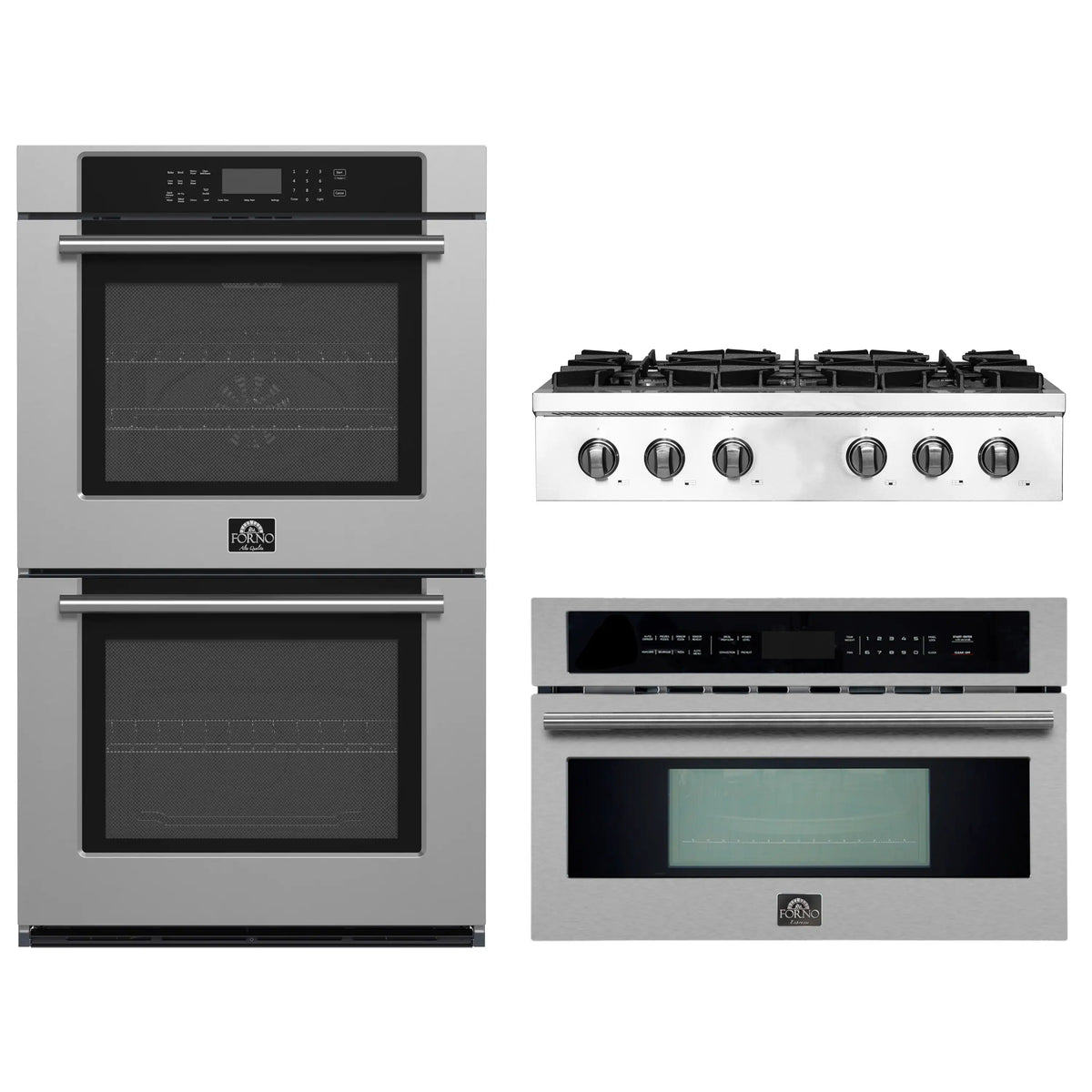Forno 3-Piece Appliance Package - 36-Inch Lseo Gas Rangetop, Double Wall Oven & Microwave Oven in Stainless Steel