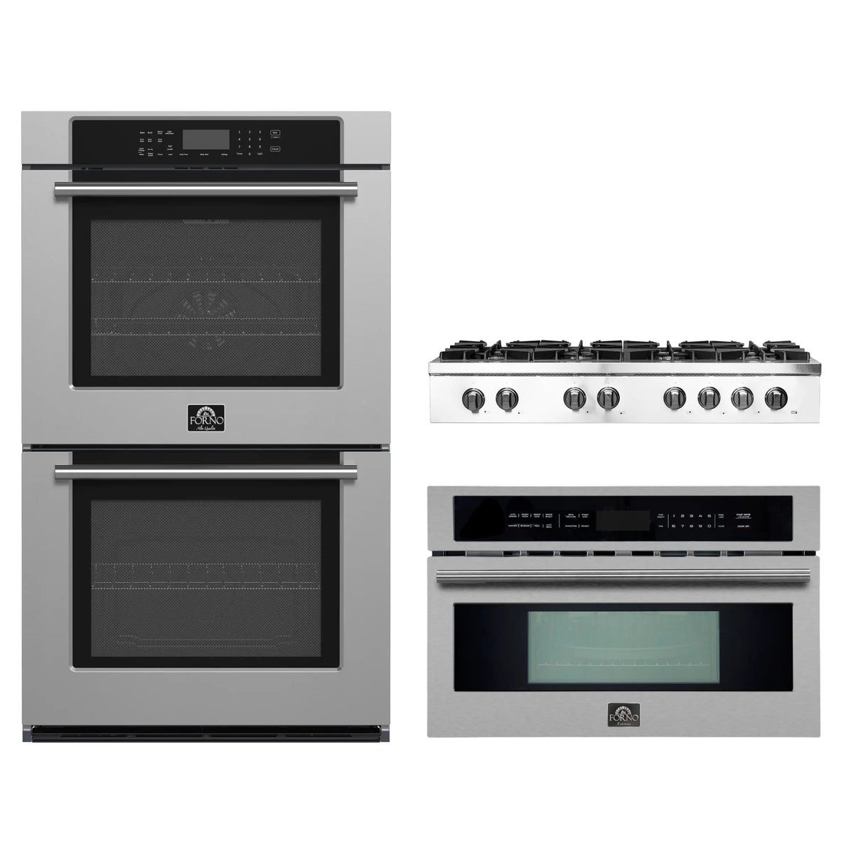 Forno 3-Piece Appliance Package - 48-Inch Lseo Gas Rangetop, Double Wall Oven & Microwave Oven in Stainless Steel