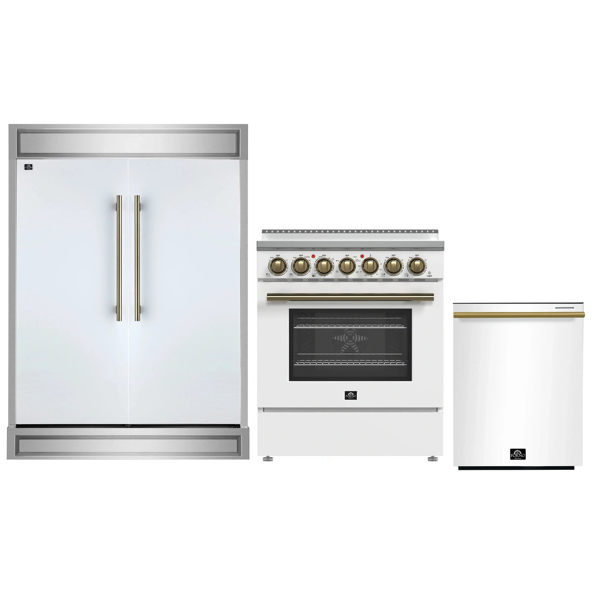 Forno 3-Piece Appliance Package - 30-Inch Electric Range, Wall Mount Range Hood, and 60-Inch Refrigerator in White with Antique Brass Trim