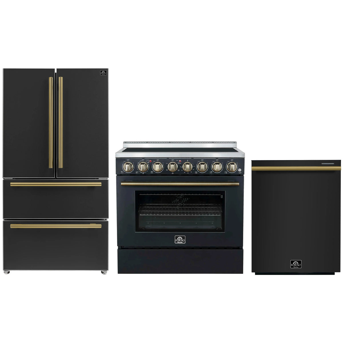 Forno 3-Piece Appliance Package - 36-Inch Electric Range, Wall Mount Range Hood, and 36-Inch Refrigerator in Black with Antique Brass Trim