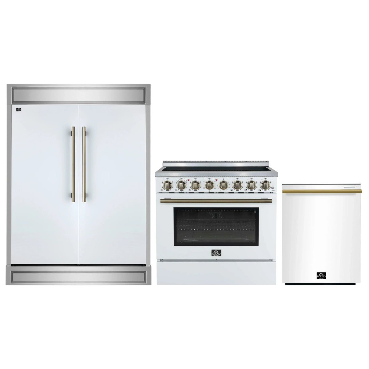 Forno 3-Piece Appliance Package - 36-Inch Electric Range, Wall Mount Range Hood, and 60-Inch Refrigerator in White with Antique Brass Trim