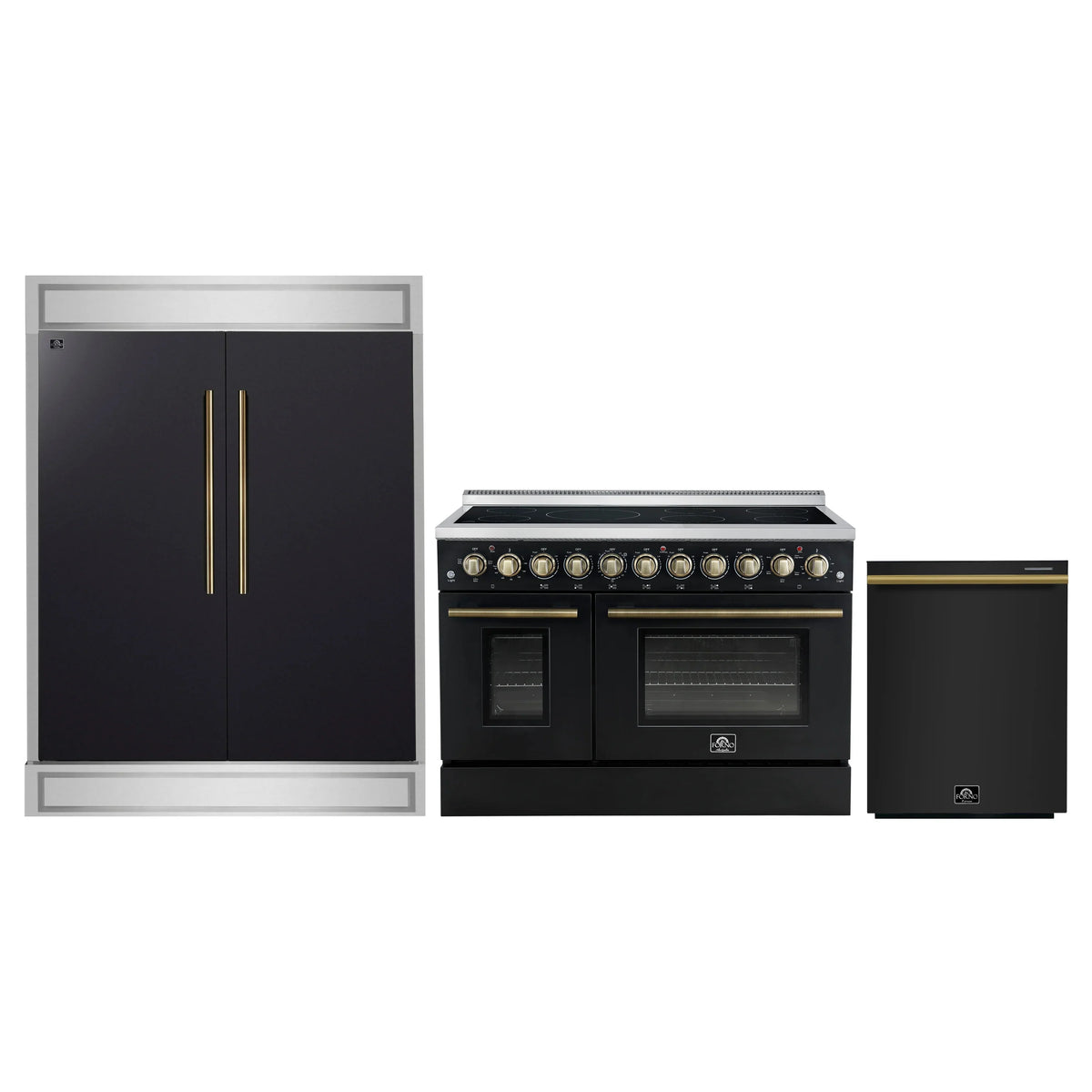 Forno 3-Piece Appliance Package - 48-Inch Electric Range, Wall Mount Range Hood, and 60-Inch Refrigerator in Black with Antique Brass Trim