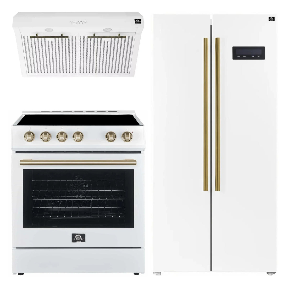 Forno Espresso 3-Piece Appliance Package - 30-Inch Electric Range with 5.0 Cu.Ft. Electric Oven, Built-In Refrigerator, and Under Cabinet Range Hood in White with Antique Brass Trim