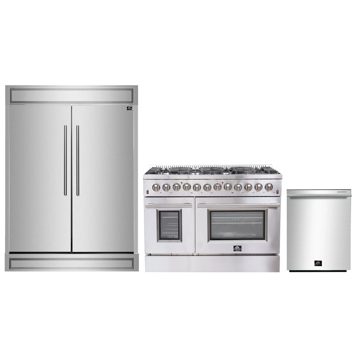 Forno 3-Piece Appliance Package - 48-Inch Dual Fuel Range, Pro-Style Refrigerator, and Dishwasher in Stainless Steel