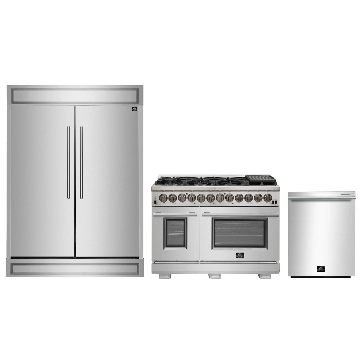 Forno 3-Piece Pro Appliance Package - 48-Inch Dual Fuel Range, Pro-Style Refrigerator, and Dishwasher in Stainless Steel