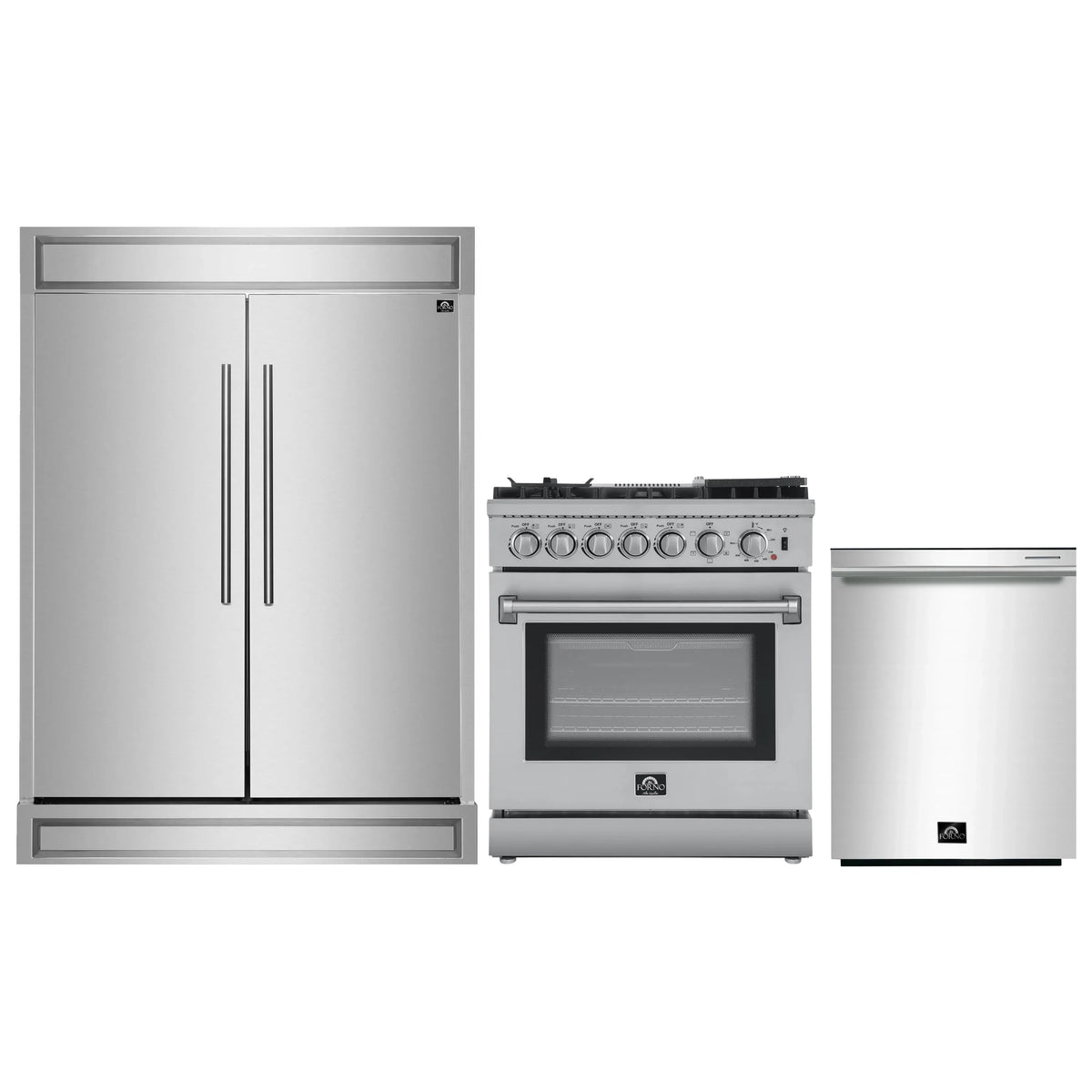 Forno 3-Piece Appliance Package - 30-Inch Dual Fuel Range with Air Fryer, Pro-Style Refrigerator, and Dishwasher in Stainless Steel