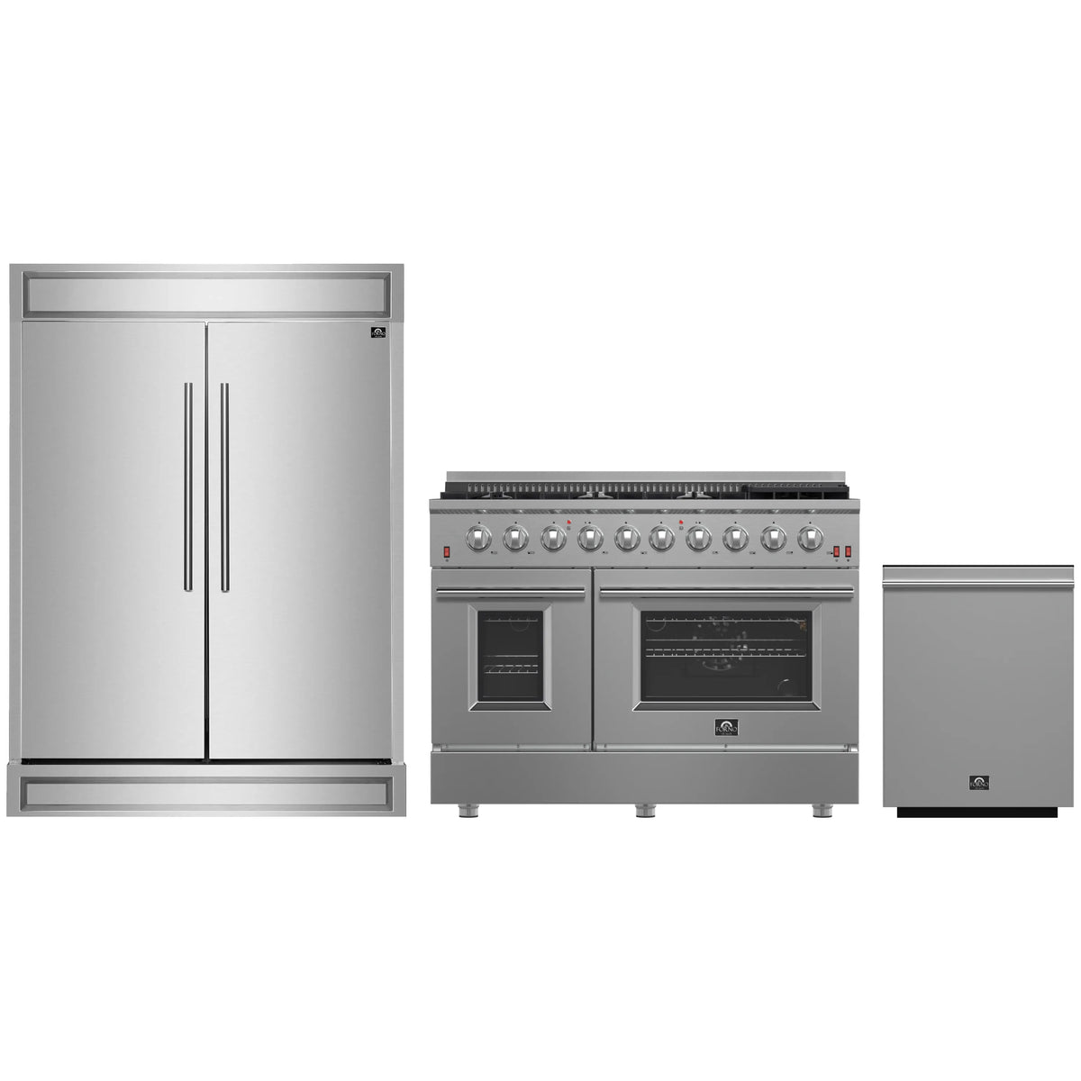 Forno 3-Piece Appliance Package - 48-Inch Gas Range, Pro-Style Refrigerator, and Dishwasher in Stainless Steel
