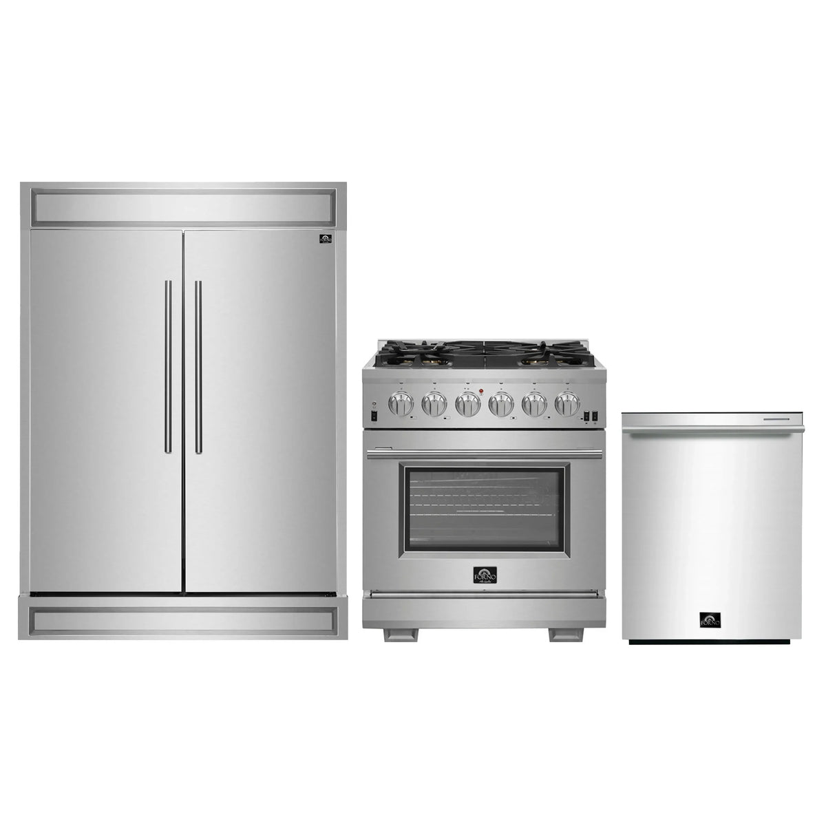 Forno 3-Piece Pro Appliance Package - 30-Inch Gas Range, Pro-Style Refrigerator, and Dishwasher in Stainless Steel