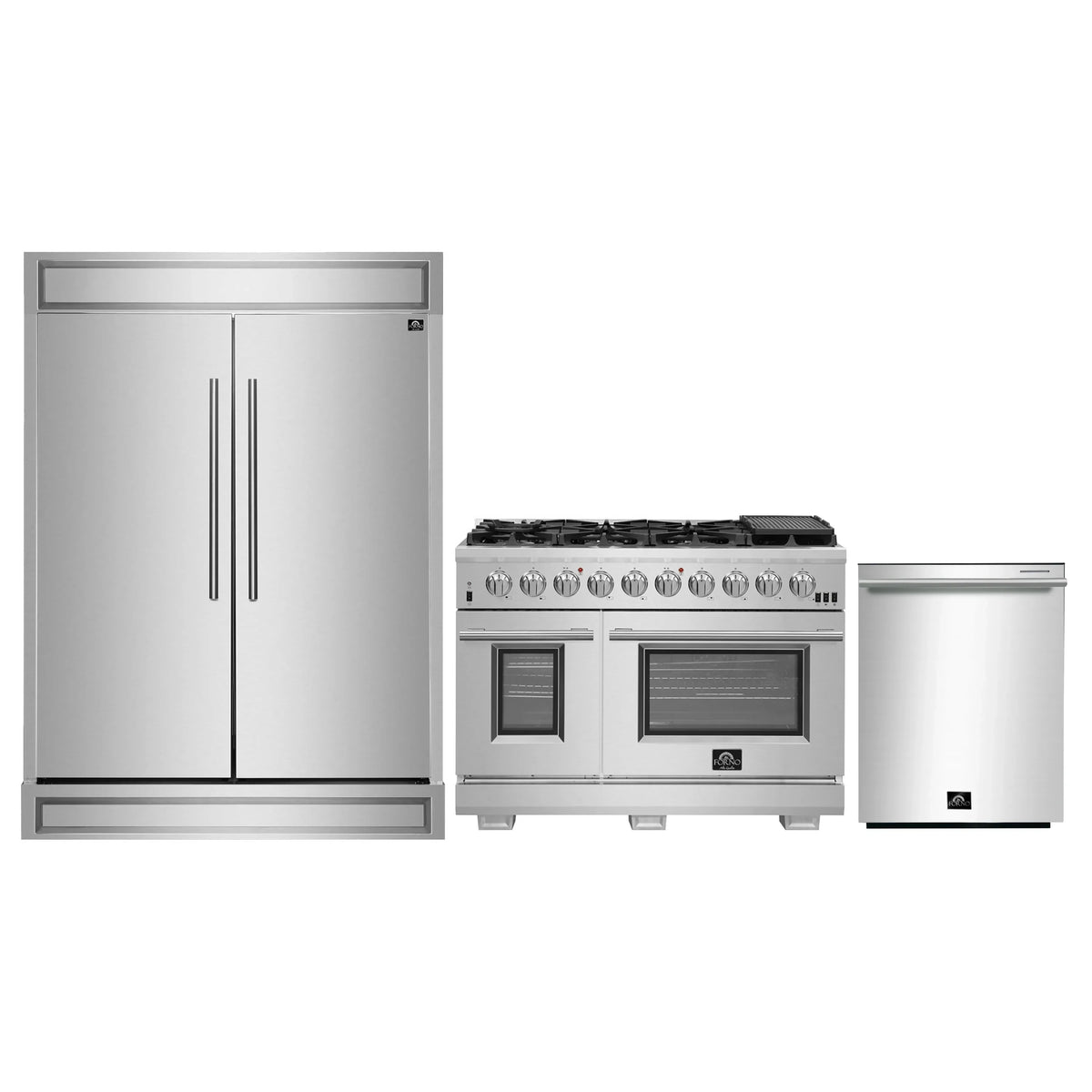 Forno 3-Piece Pro Appliance Package - 48-Inch Gas Range, 60-Inch Pro-Style Refrigerator, and Dishwasher in Stainless Steel