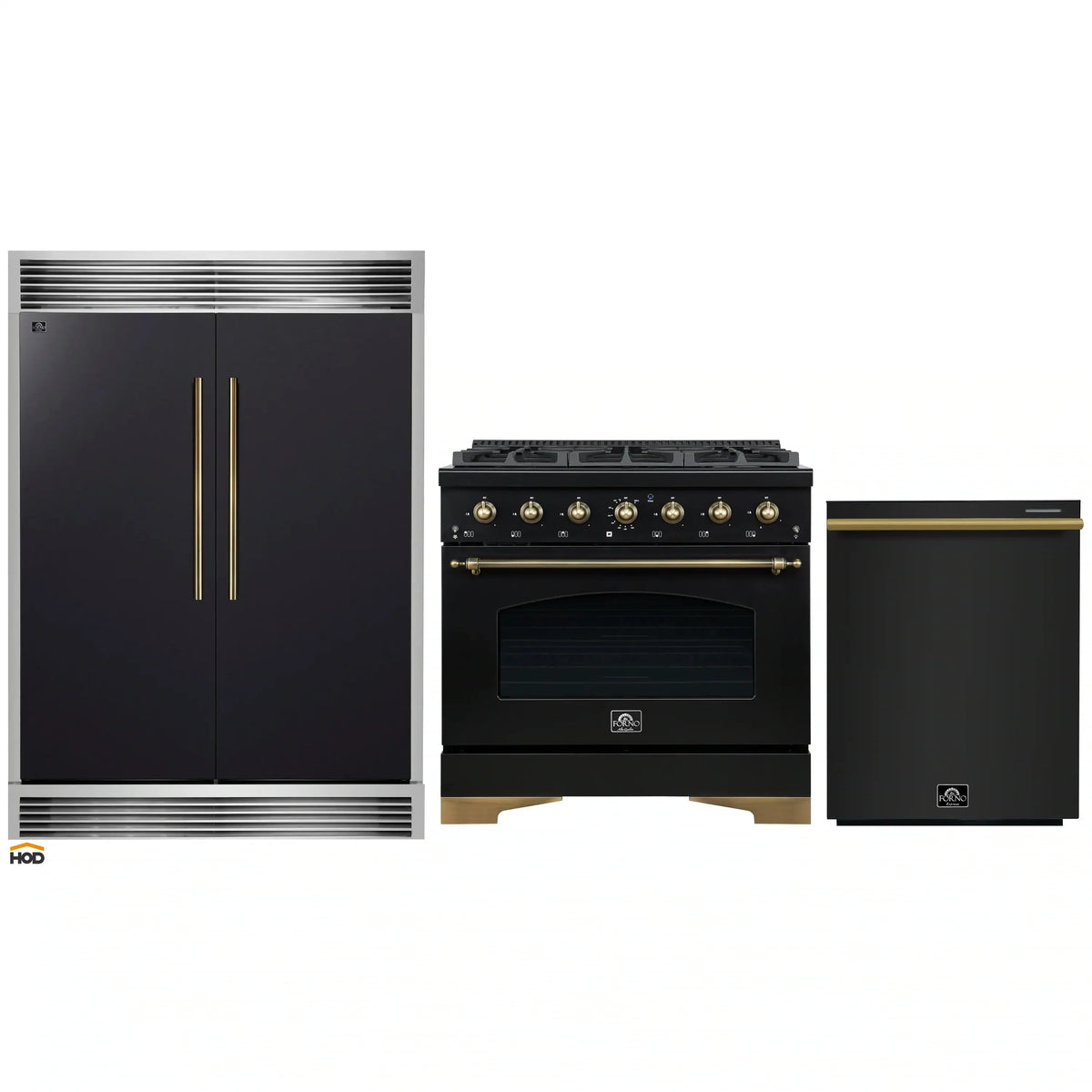 Forno 3-Piece Appliance Package - 36-Inch Dual Fuel Range, 60-Inch Convertible Refrigerator with Modern Grille Trim, and Dishwasher in Black with Antique Brass Trim