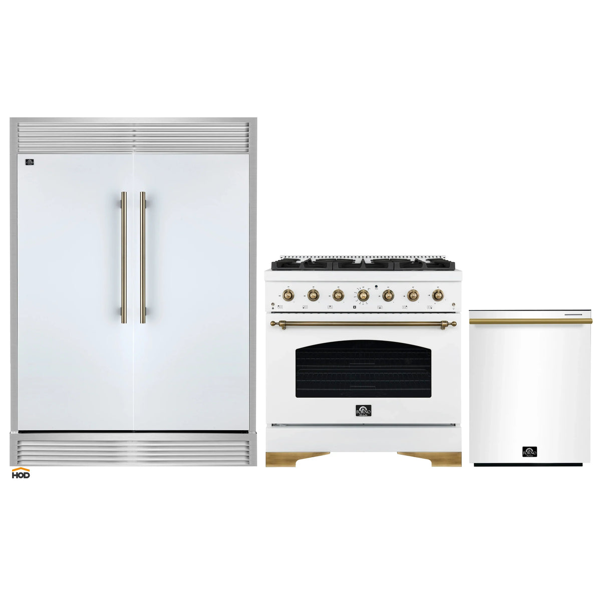Forno 3-Piece Appliance Package - 36-Inch Antico Dual Fuel Range, 60-Inch Refrigerator, Dishwasher in White with Antique Brass Trim