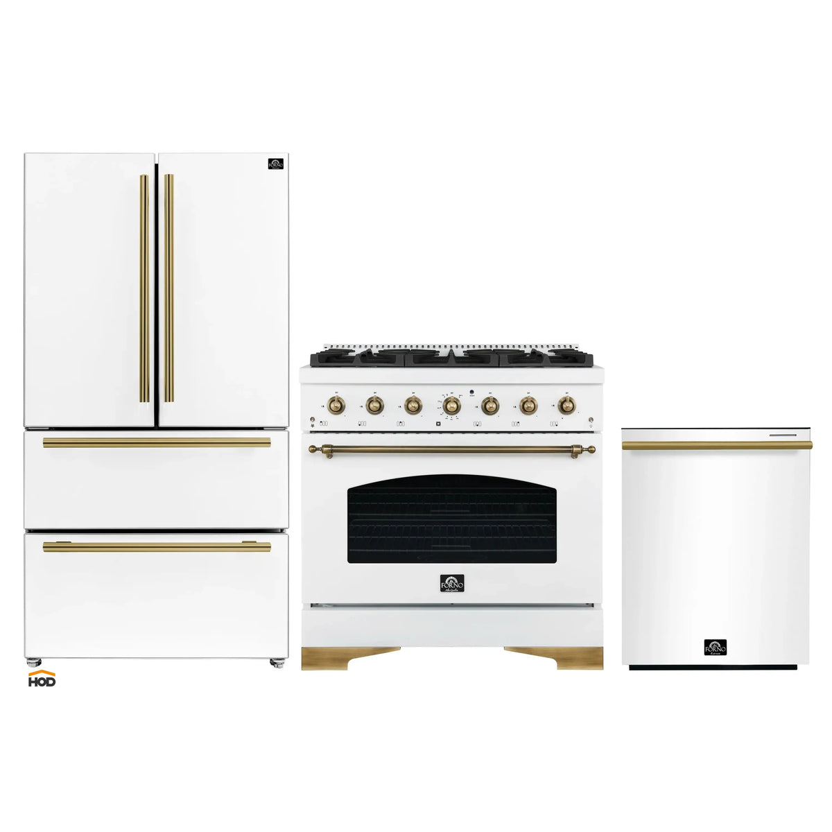 Forno Antico 3-Piece Appliance Package - 36-Inch Dual Fuel Range, 36-Inch Refrigerator, & 24-Inch Dishwasher in White with Antique Brass Trim
