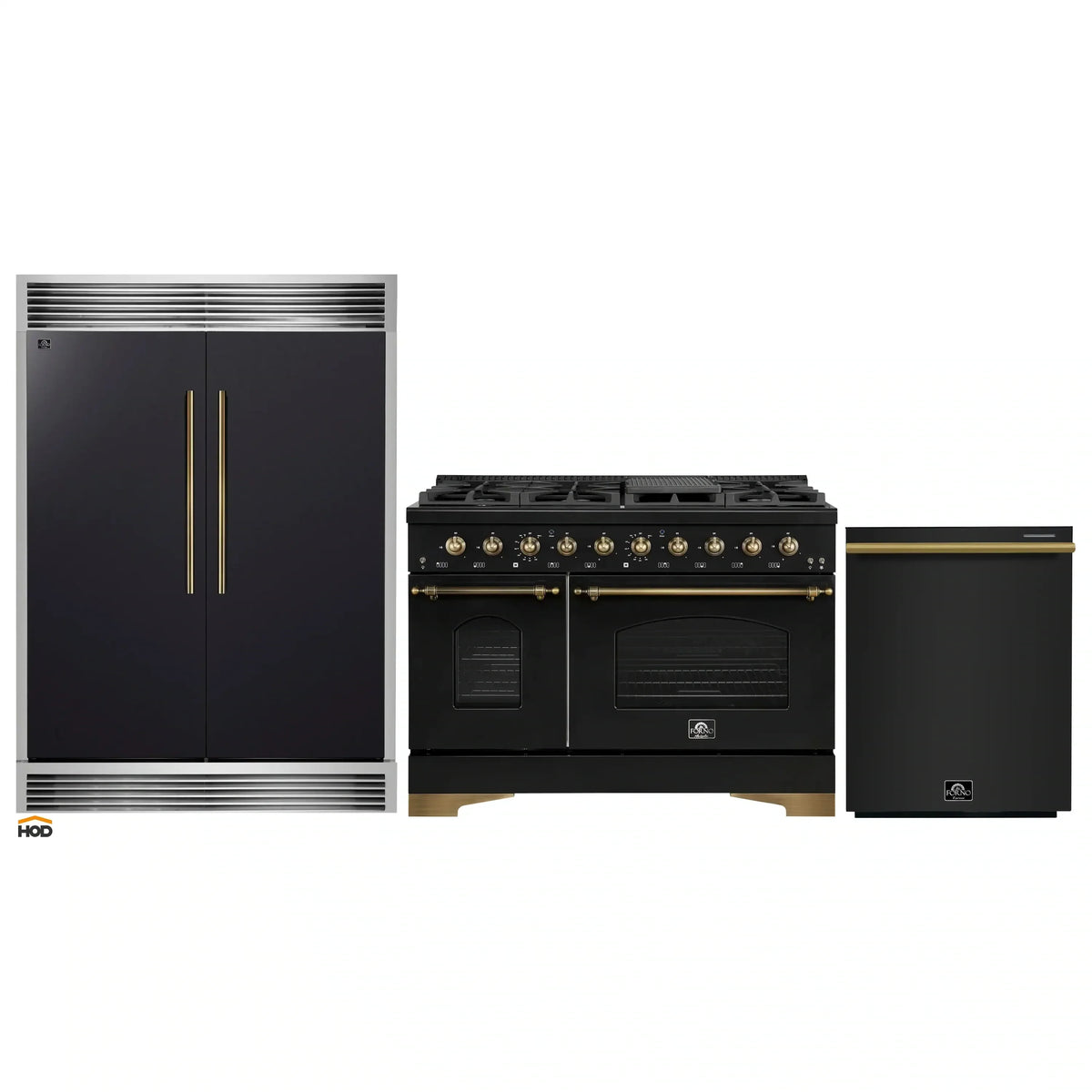 Forno 3-Piece Appliance Package - 48-Inch Dual Fuel Range, 60-Inch Convertible Refrigerator with Modern Grille Trim, and Dishwasher in Black with Antique Brass Trim