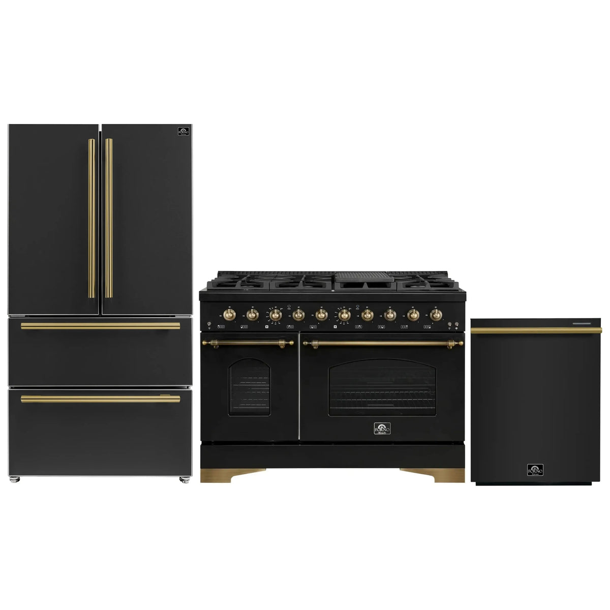 Forno Antico 3-Piece Appliance Package - 48-Inch Dual Fuel Range, 36-Inch Refrigerator, & 24-Inch Dishwasher in Black with Antique Brass Trim