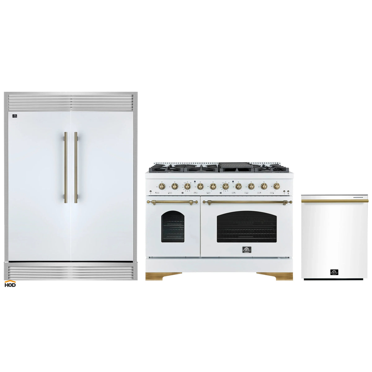 Forno 3-Piece Appliance Package - 48-Inch Antico Dual Fuel Range, 60-Inch Refrigerator, Dishwasher in White with Antique Brass Trim