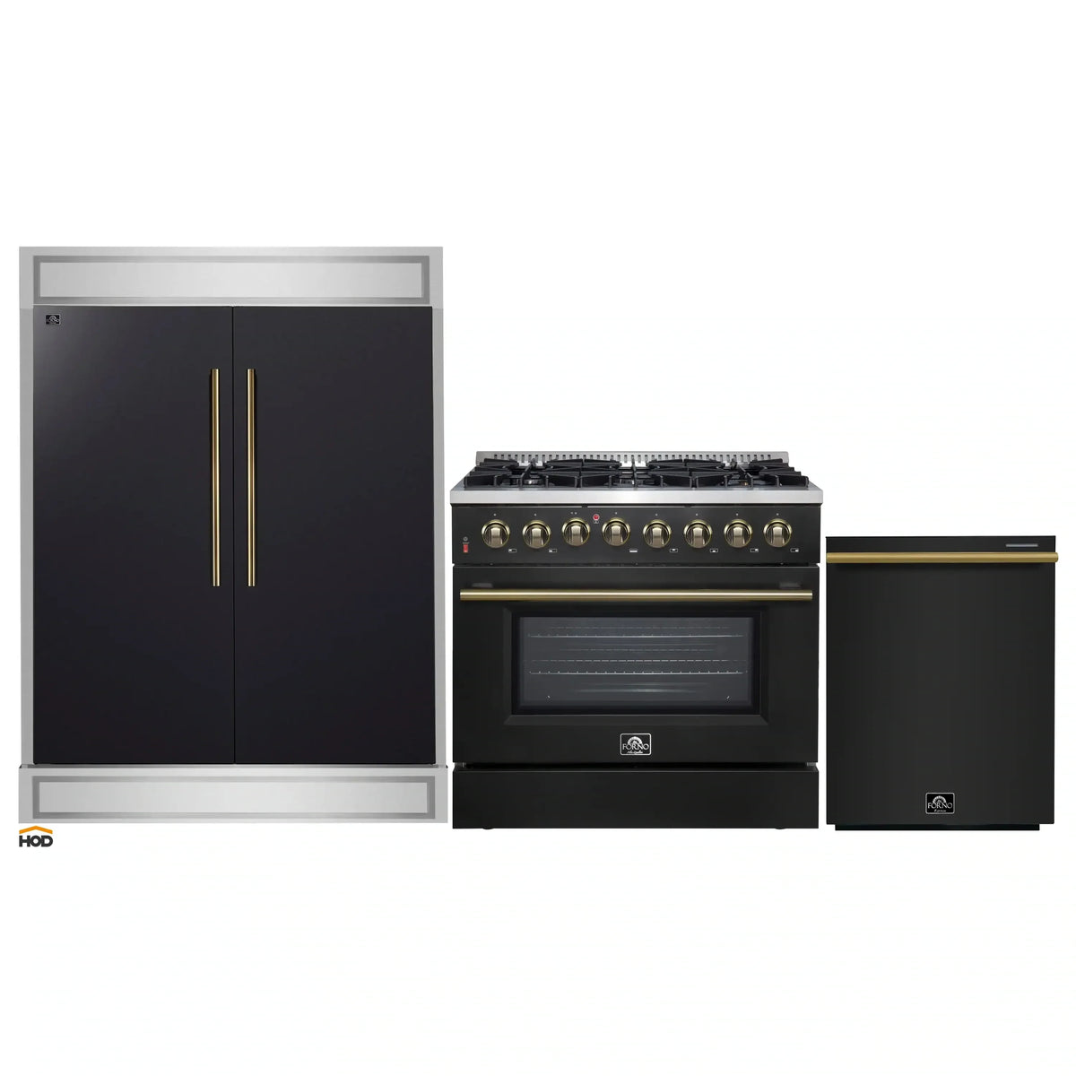 Forno 3-Piece Appliance Package - 36-Inch Dual Fuel Range, 60-Inch Convertible Refrigerator with Modern Trim, and Dishwasher in Black with Antique Brass Trim