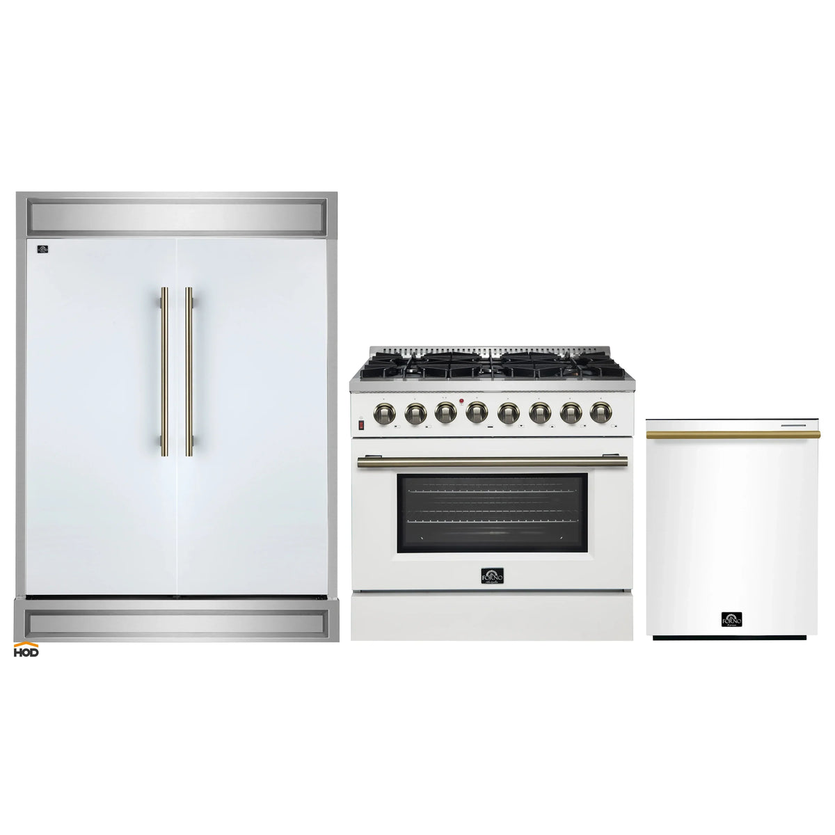 Forno 3-Piece Appliance Package - 36-Inch Dual Fuel Range, 60-Inch Refrigerator, Dishwasher in White with Antique Brass Trim