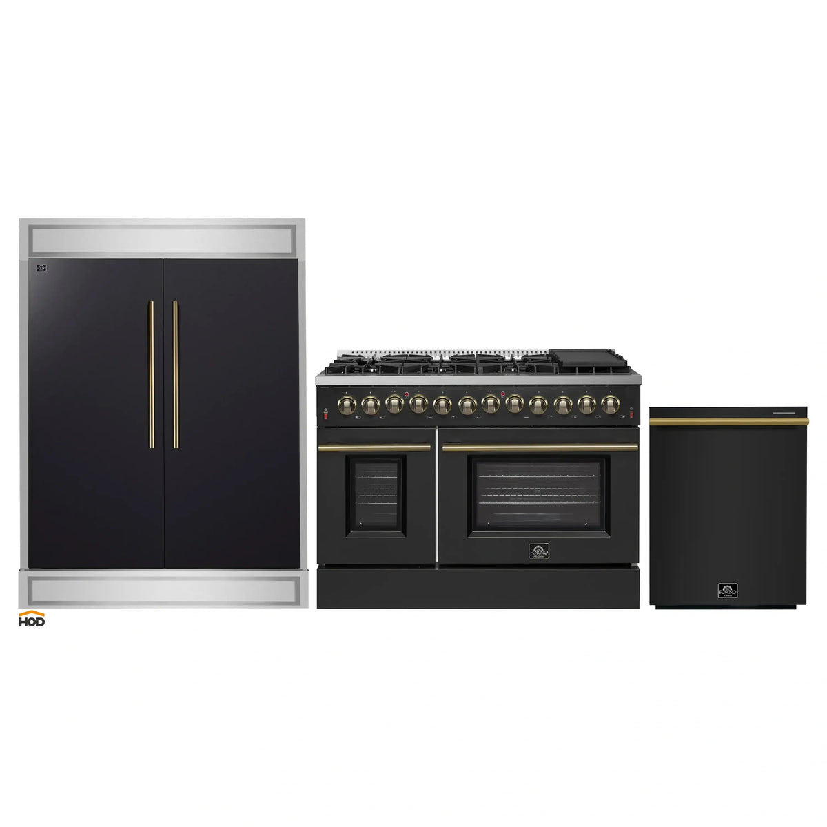 Forno 3-Piece Appliance Package - 48-Inch Dual Fuel Range, 60-Inch Convertible Refrigerator with Modern Trim, and Dishwasher in Black with Antique Brass Trim