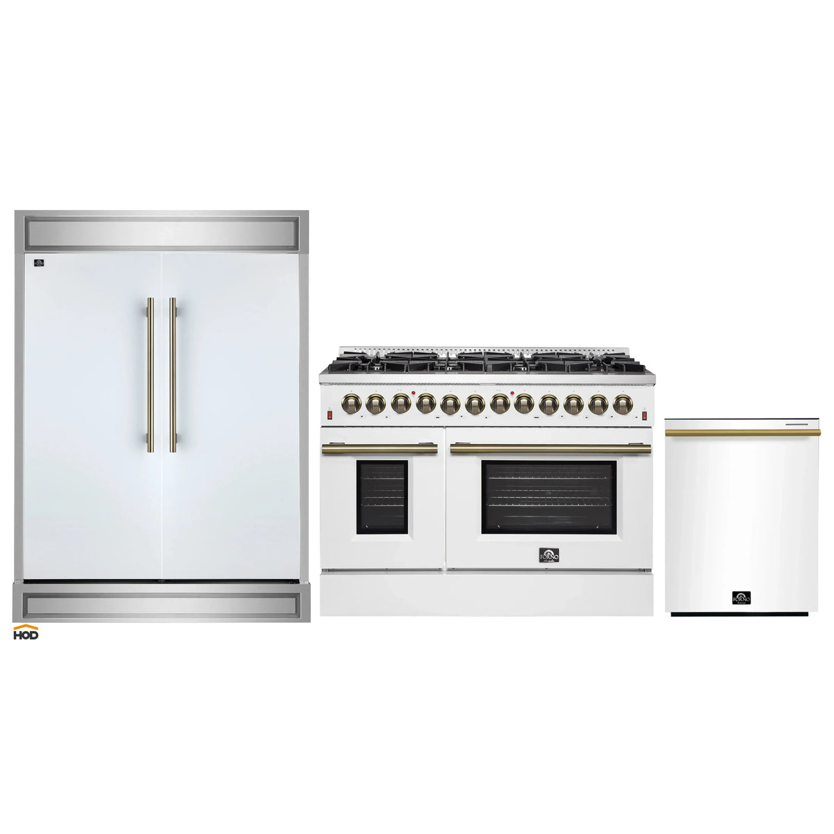 Forno 3-Piece Appliance Package - 48-Inch Dual Fuel Range, 60-Inch Refrigerator, Dishwasher in White with Antique Brass Trim