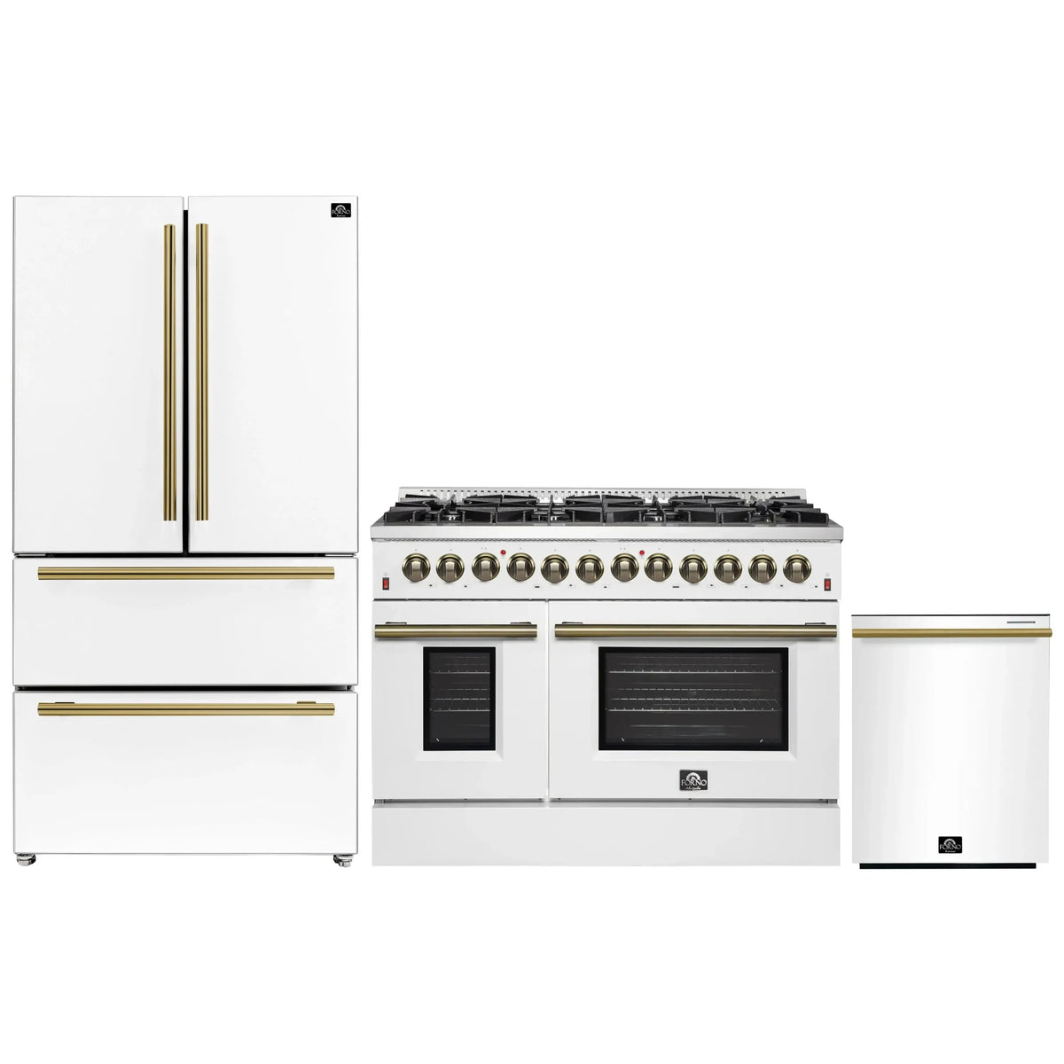 Forno Galiano 3-Piece Appliance Package - 48-Inch Dual Fuel Range, 36-Inch Refrigerator, & 24-Inch Dishwasher in White with Antique Brass Trim