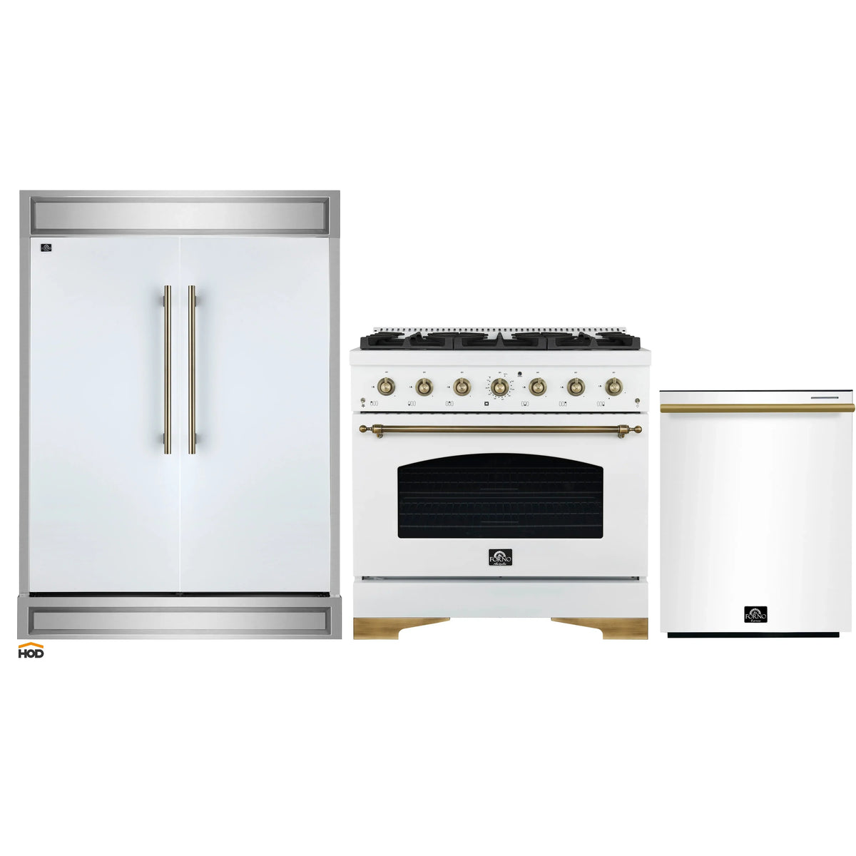Forno 3-Piece Appliance Package - 36-Inch Gas Range, 60-Inch Refrigerator, Dishwasher in White with Antique Brass Trim