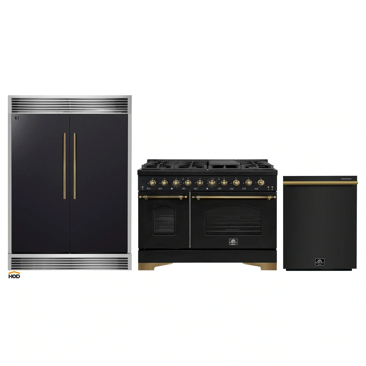 Forno 3-Piece Appliance Package - 48-Inch Gas Range, 60-Inch Convertible Refrigerator with Modern Grille Trim, and Dishwasher in Black with Antique Brass Trim