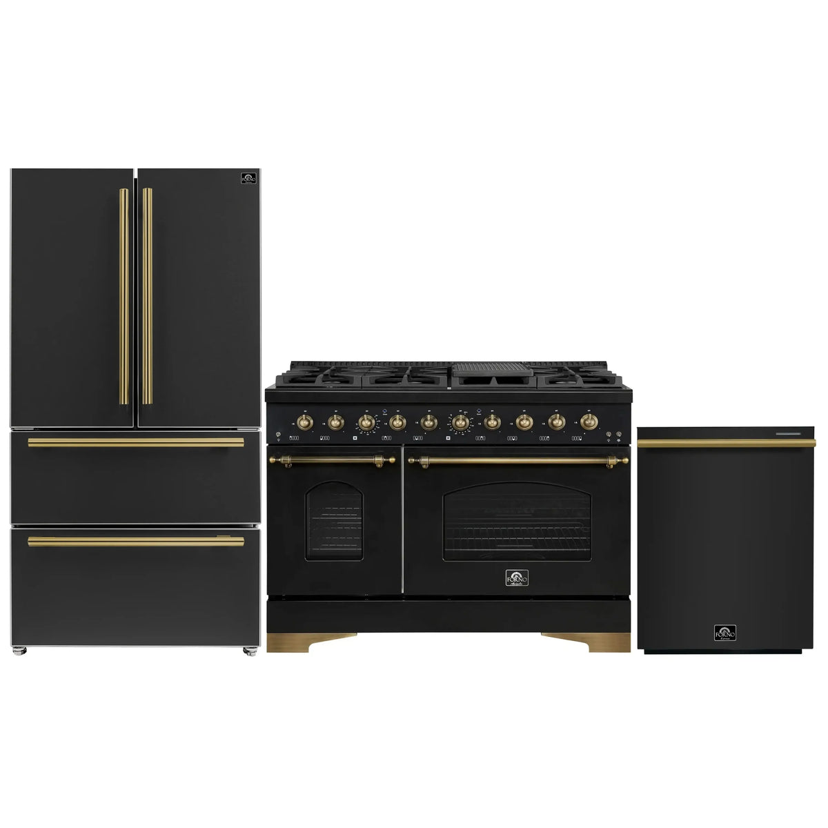 Forno Antico 3-Piece Appliance Package - 48-Inch Gas Range, 36-Inch Refrigerator, & 24-Inch Dishwasher in Black with Antique Brass Trim