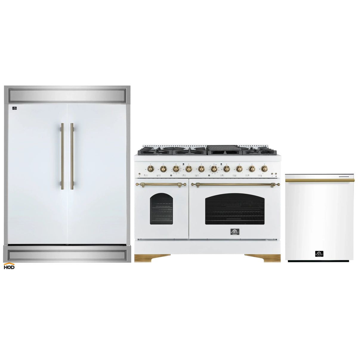Forno 3-Piece Appliance Package - 48-Inch Gas Range, 60-Inch Refrigerator, Dishwasher in White with Antique Brass Trim