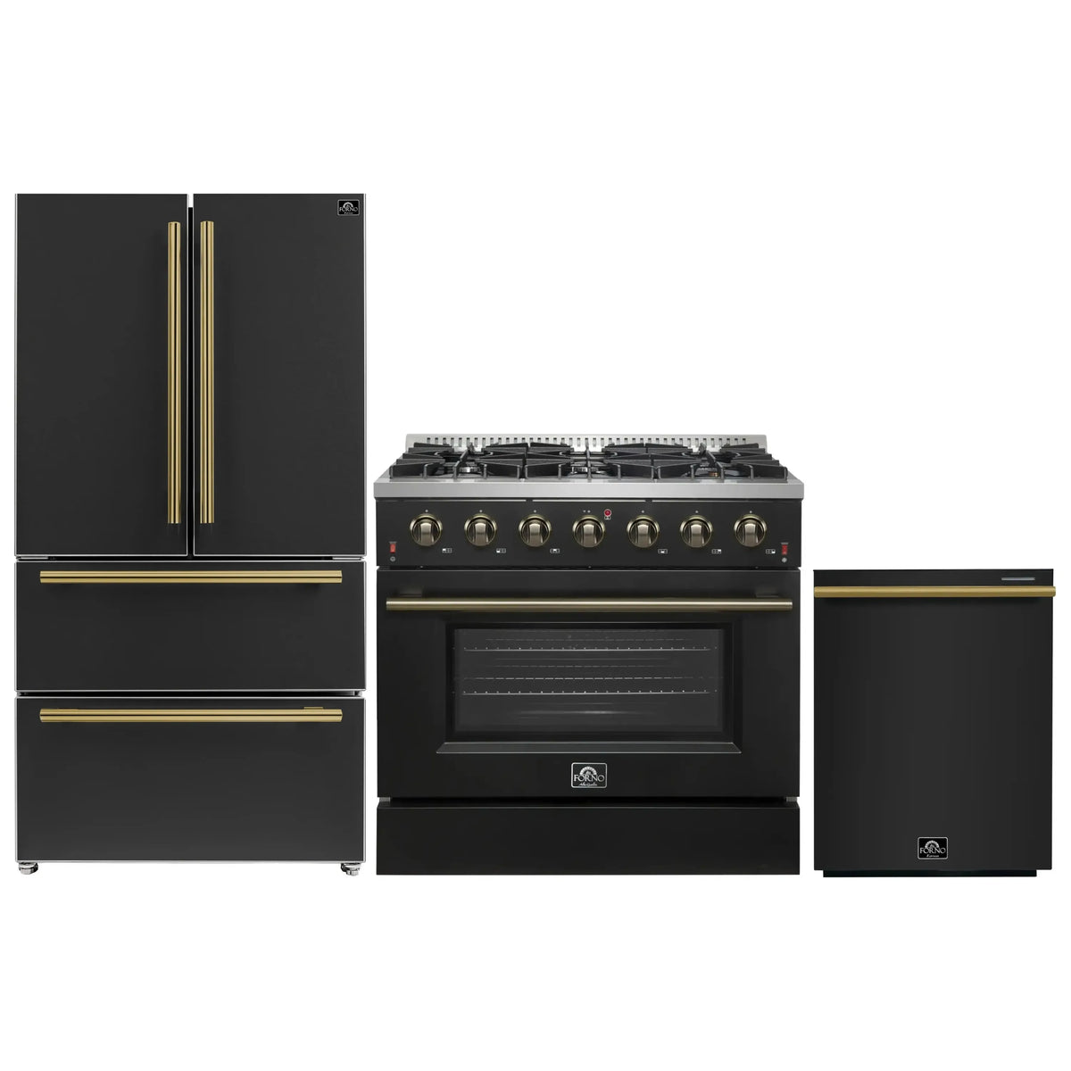Forno Galiano 3-Piece Appliance Package - 36-Inch Gas Range, 36-Inch Refrigerator, & 24-Inch Dishwasher in Black with Antique Brass Trim
