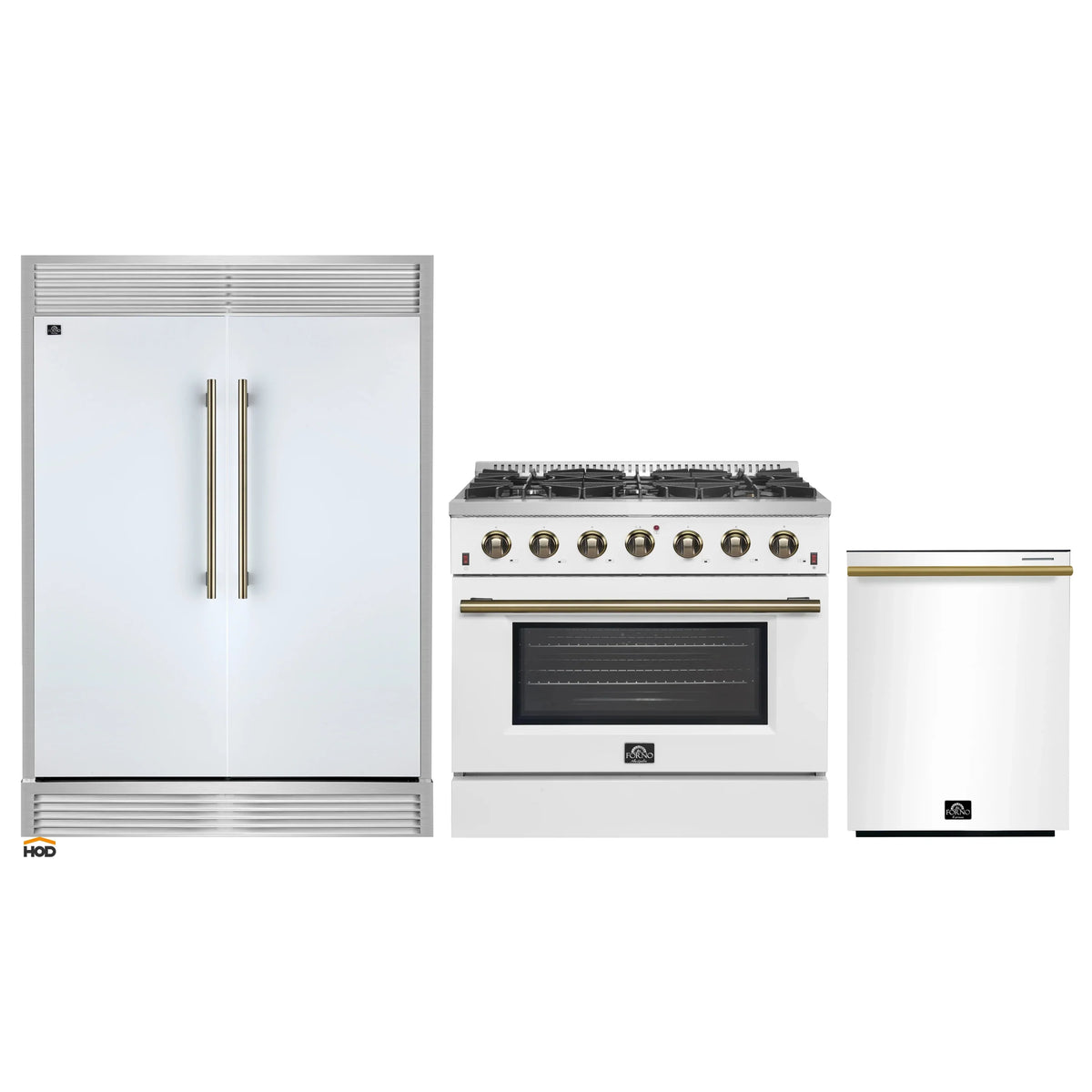 Forno 3-Piece Appliance Package - 36-Inch Gas Range, 60-Inch Refrigerator, Dishwasher in White with Antique Brass Trim