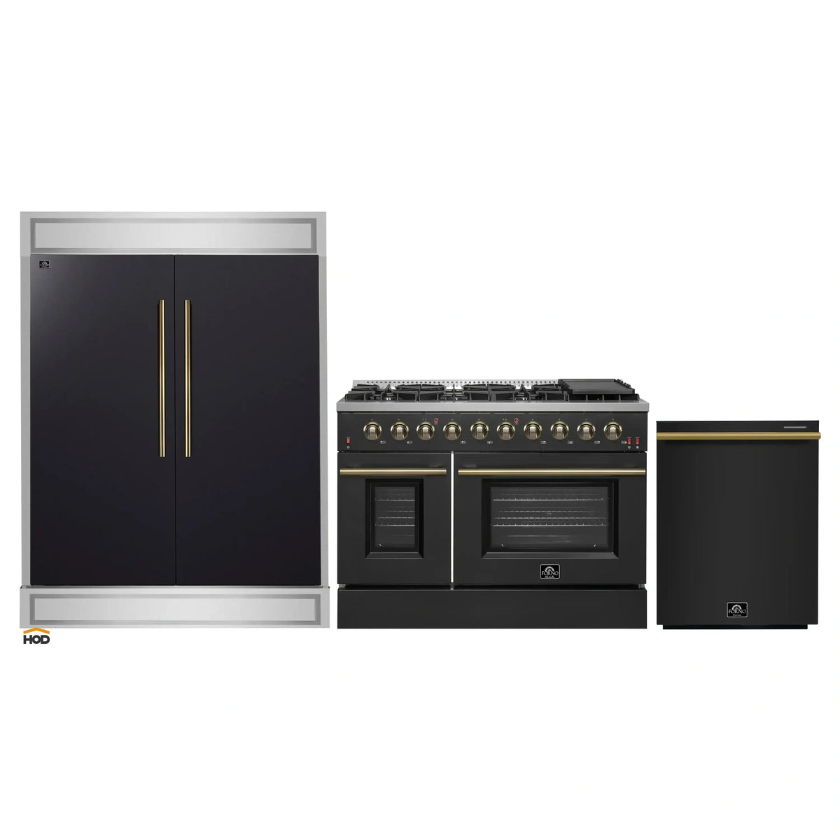 Forno 3-Piece Appliance Package - 48-Inch Gas Range, 60-Inch Convertible Refrigerator with Modern Trim, and Dishwasher in Black with Antique Brass Trim