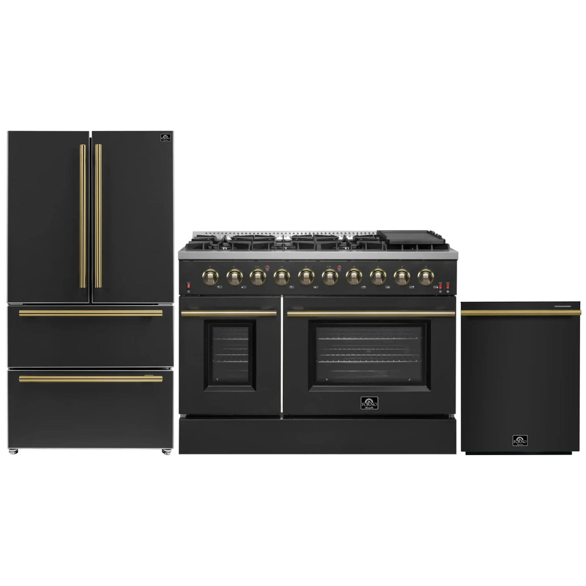Forno Galiano 3-Piece Appliance Package - 48-Inch Gas Range, 36-Inch Refrigerator, & 24-Inch Dishwasher in Black with Antique Brass Trim