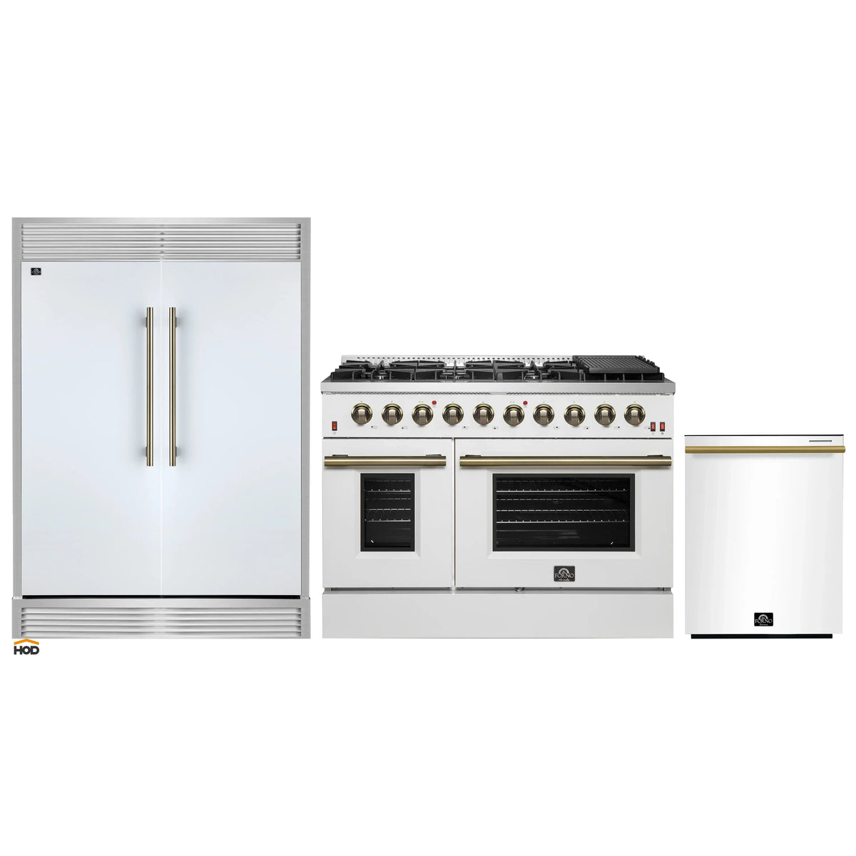 Forno 3-Piece Appliance Package - 48-Inch Galiano Gas Range, 60-Inch Refrigerator, Dishwasher in White with Antique Brass Trim