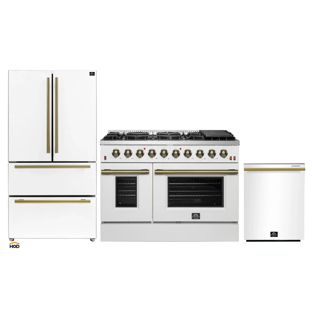 Forno Galiano 3-Piece Appliance Package - 48-Inch Gas Range, 36-Inch Refrigerator, & 24-Inch Dishwasher in White with Antique Brass Trim