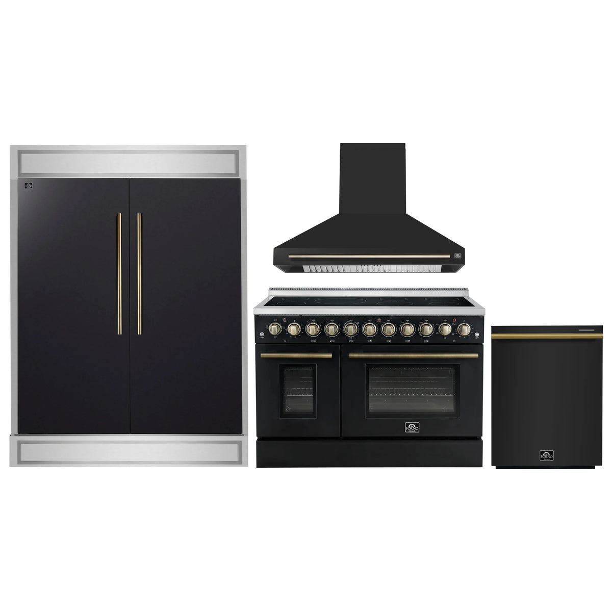 Forno 4-Piece Appliance Package - 48-Inch Electric Range, Wall Mount Range Hood, 60-Inch Refrigerator, and Dishwasher in Black with Antique Brass Trim