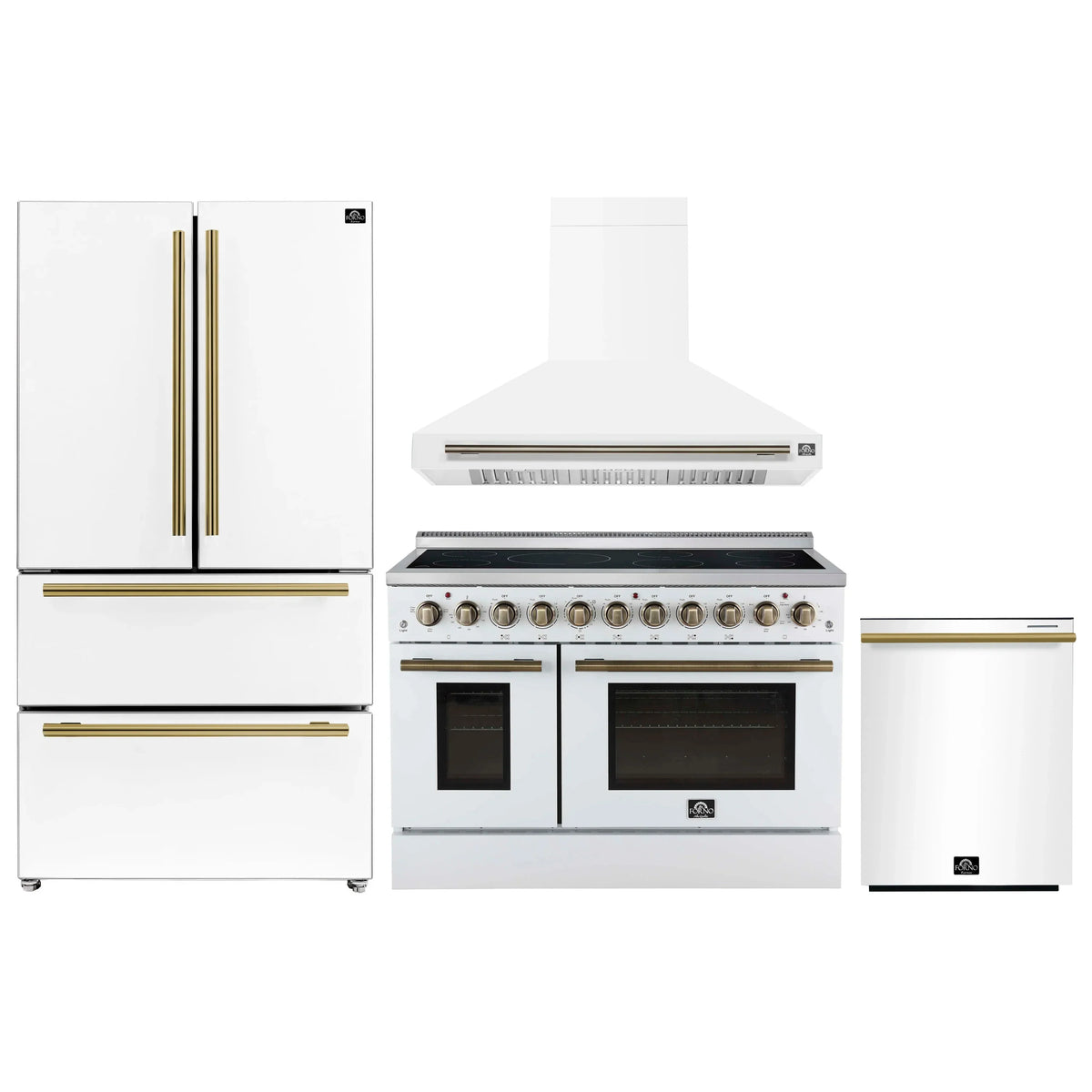 Forno 4-Piece Appliance Package - 48-Inch Electric Range, Wall Mount Range Hood, 36-Inch Refrigerator, and Dishwasher in White with Antique Brass Trim