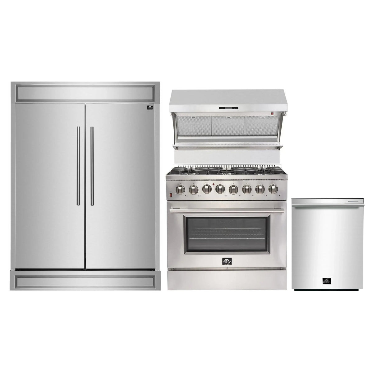 Forno 4-Piece Appliance Package - 36-Inch Dual Fuel Range, 60-Inch Pro-Style Refrigerator, Wall Mount Hood with Backsplash, & 3-Rack Dishwasher in Stainless Steel