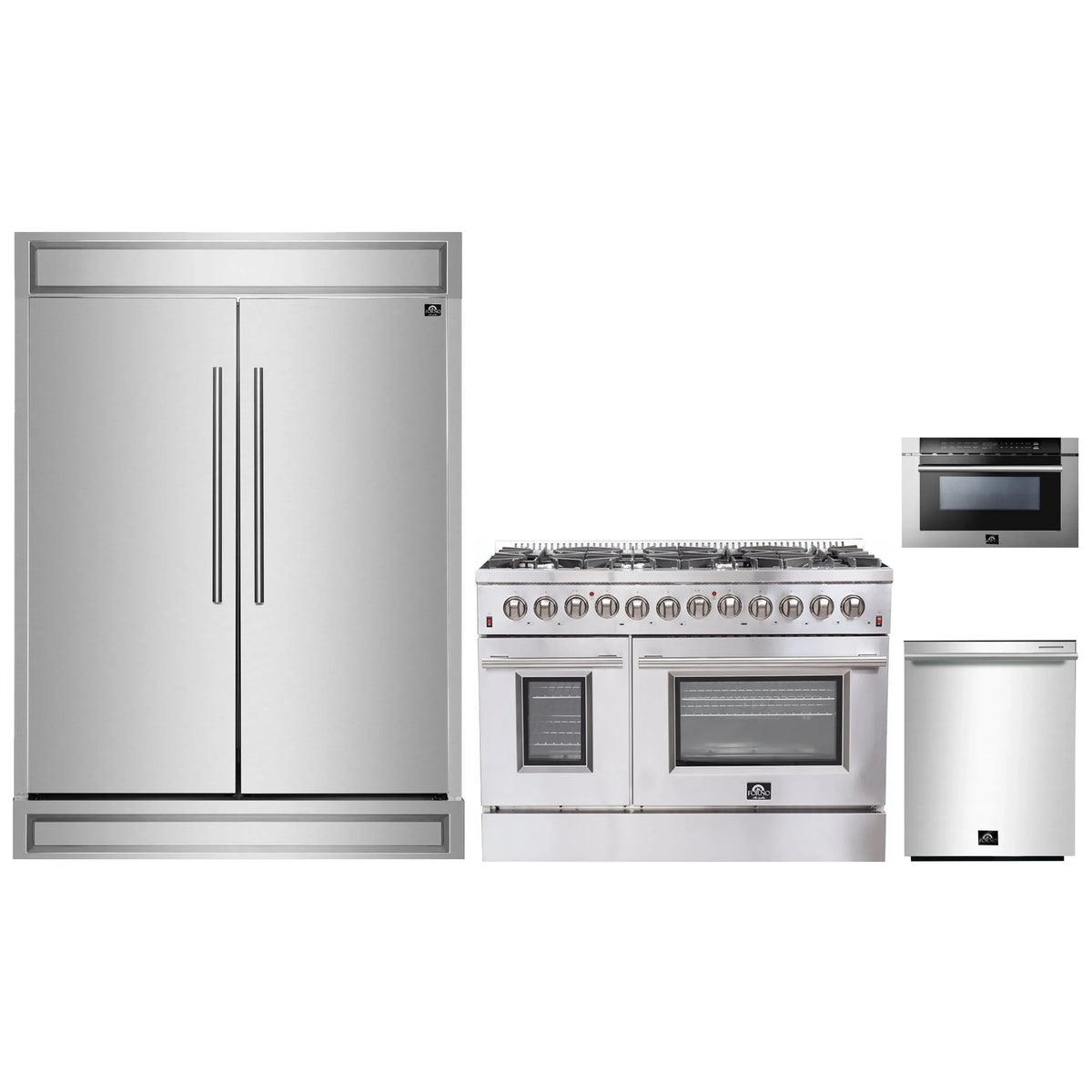 Forno 4-Piece Appliance Package - 48-Inch Dual Fuel Range, 60-Inch Pro-Style Refrigerator, 24-Inch Microwave Drawer, & 3-Rack Dishwasher in Stainless Steel