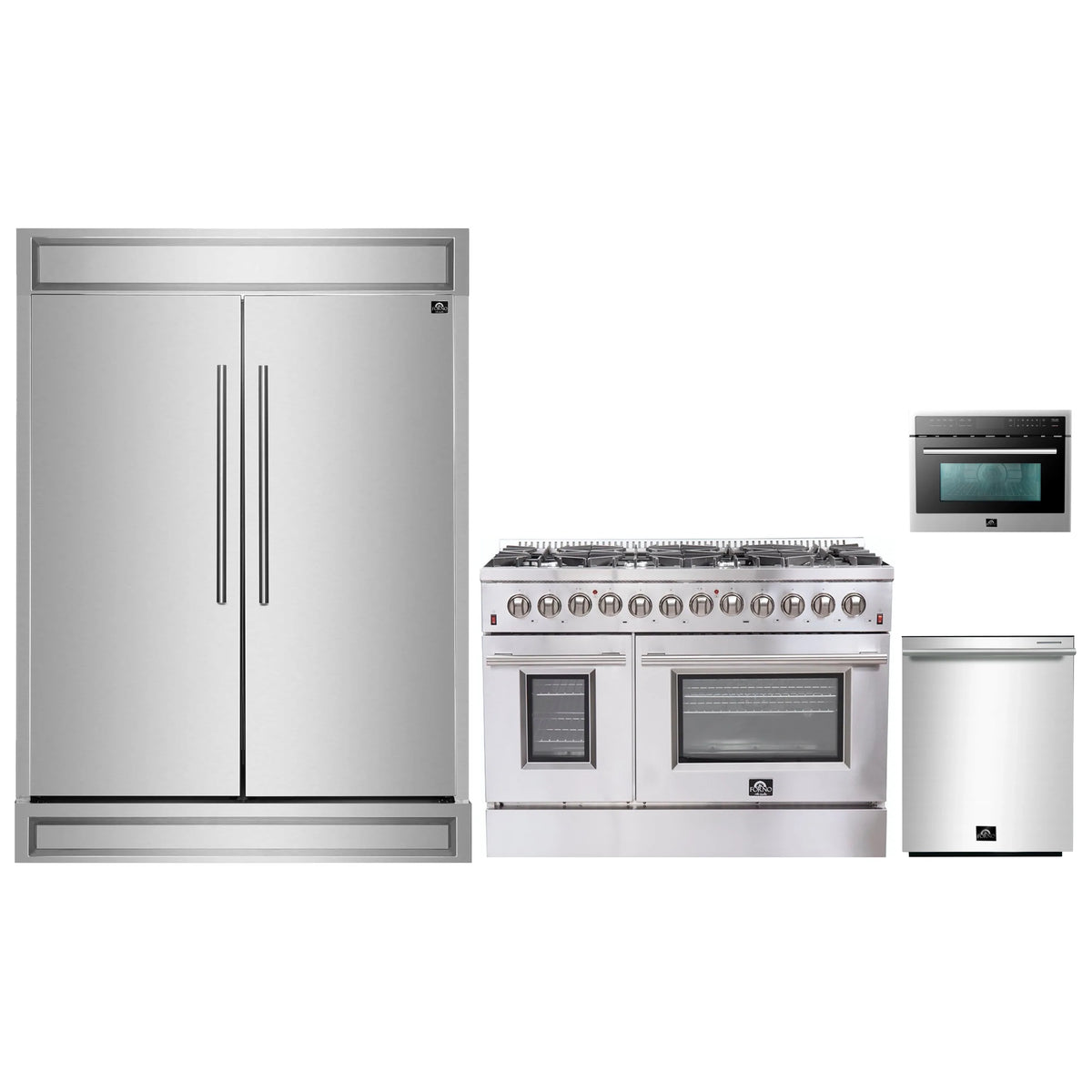 Forno 4-Piece Appliance Package - 48-Inch Dual Fuel Range, 60-Inch Pro-Style Refrigerator, 24-Inch Microwave Oven, & 3-Rack Dishwasher in Stainless Steel